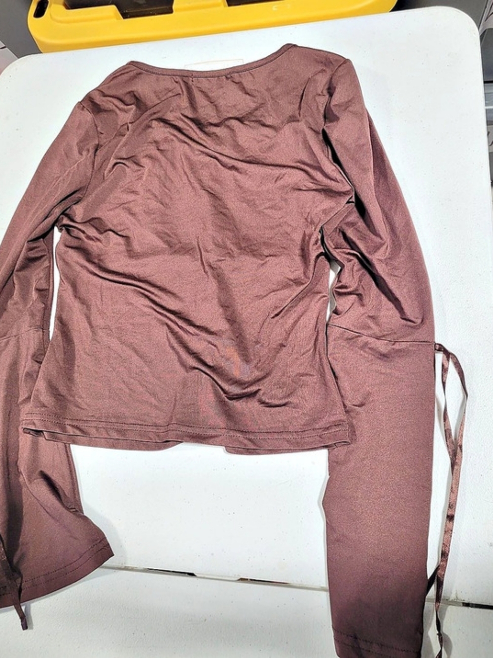 SHEIN BAE Tie Front Ruffle Trim Bell Sleeve Top Brown Small - Picture 2 of 3